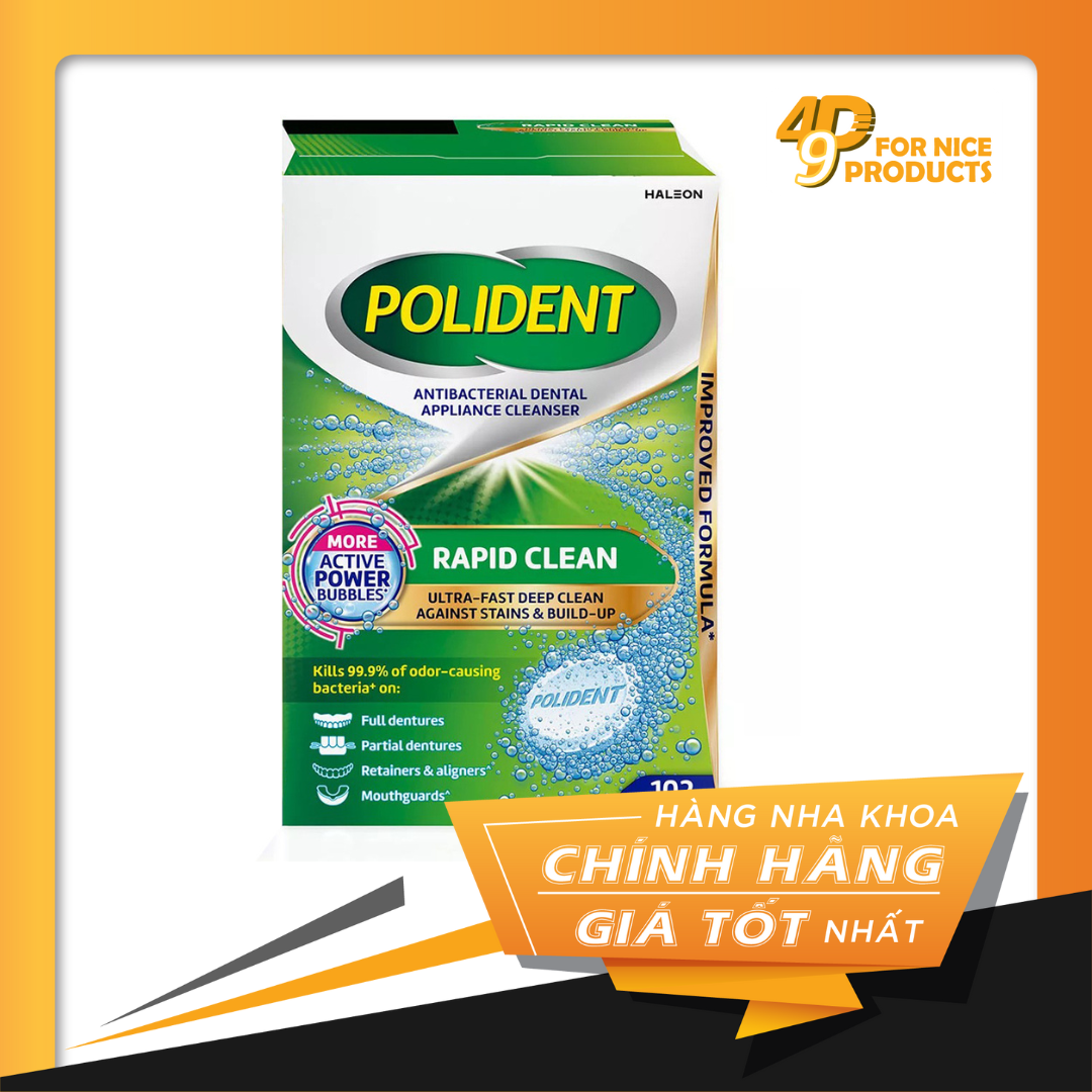 Viên sủi ngâm làm sạch và vệ sinh hàm tháo lắp, máng tẩy trắng, khay chỉnh nha Polident vị bạc hà