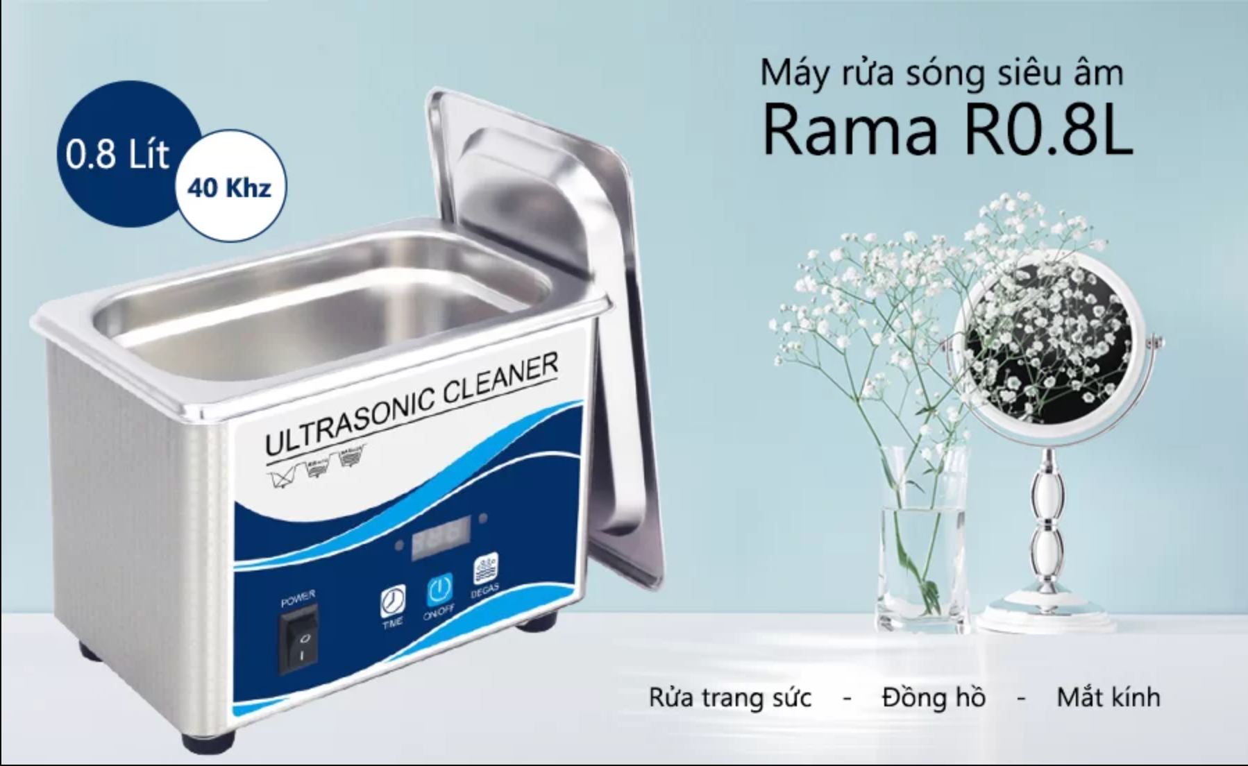 Máy rửa sóng siêu âm RAMA R0.8L dung tích 0.8 lít, công suất 60W, 40kHz