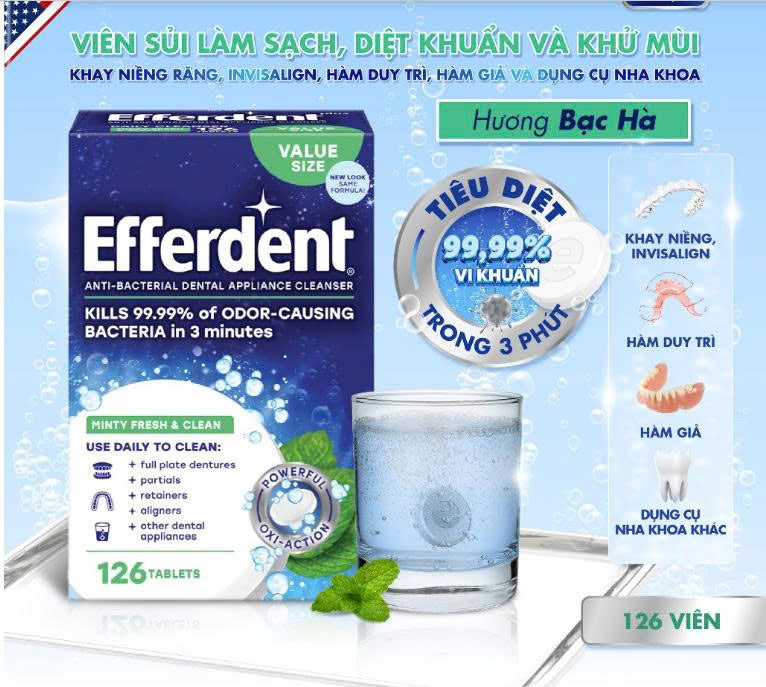Viên sủi ngâm làm sạch và kháng khuẩn hàm tháo lắp, máng tẩy trắng, khay chỉnh nha Efferdent vị bạc hà