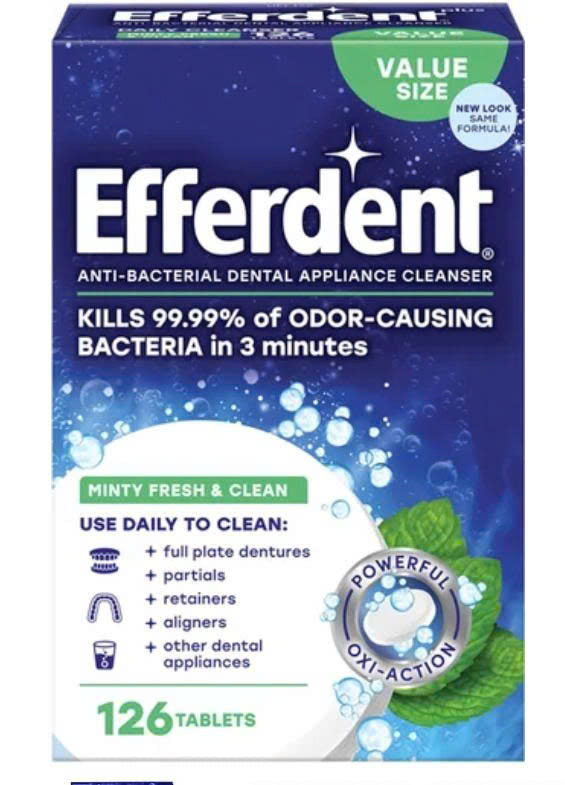 Viên sủi ngâm làm sạch và kháng khuẩn hàm tháo lắp, máng tẩy trắng, khay chỉnh nha Efferdent vị bạc hà