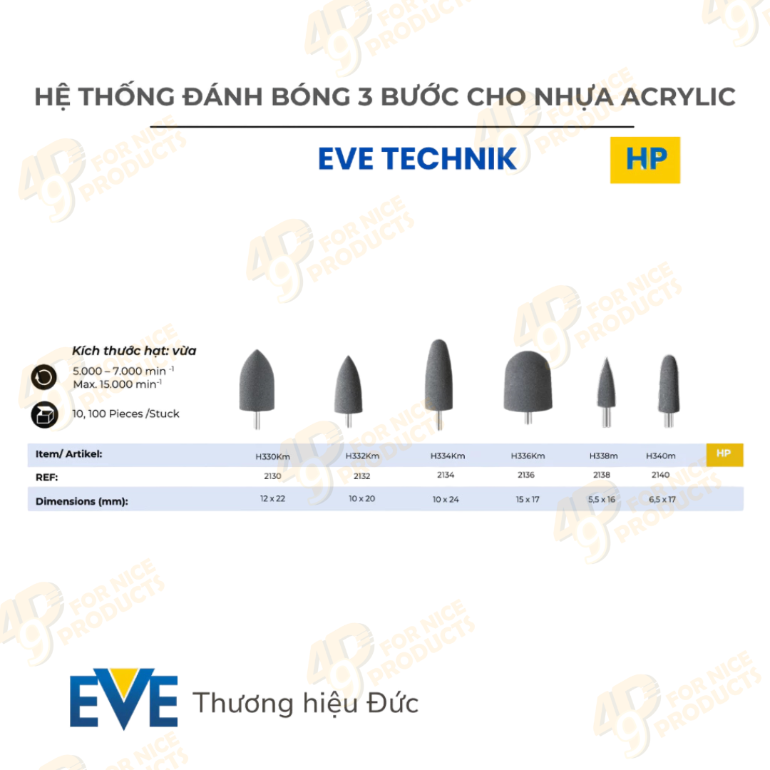 Bộ 12 mũi đánh bóng nha khoa TECHNIK SET HP115 | 3 bước thô, vừa, mịn cho nhựa acrylic -  EVE