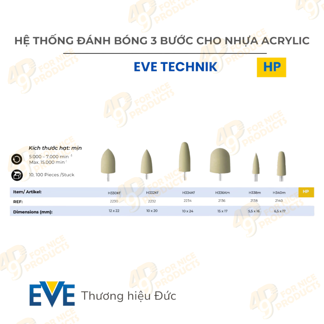 Bộ 12 mũi đánh bóng nha khoa TECHNIK SET HP115 | 3 bước thô, vừa, mịn cho nhựa acrylic -  EVE