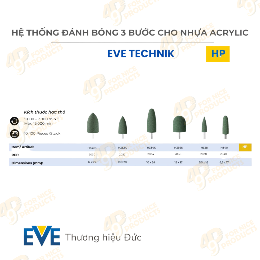 Bộ 12 mũi đánh bóng nha khoa TECHNIK SET HP115 | 3 bước thô, vừa, mịn cho nhựa acrylic -  EVE